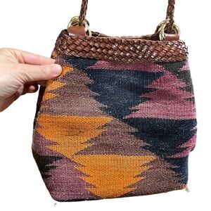 LJ SIMONE ~ Aztec Print Handbag with Leather Straps Drawstring Closure